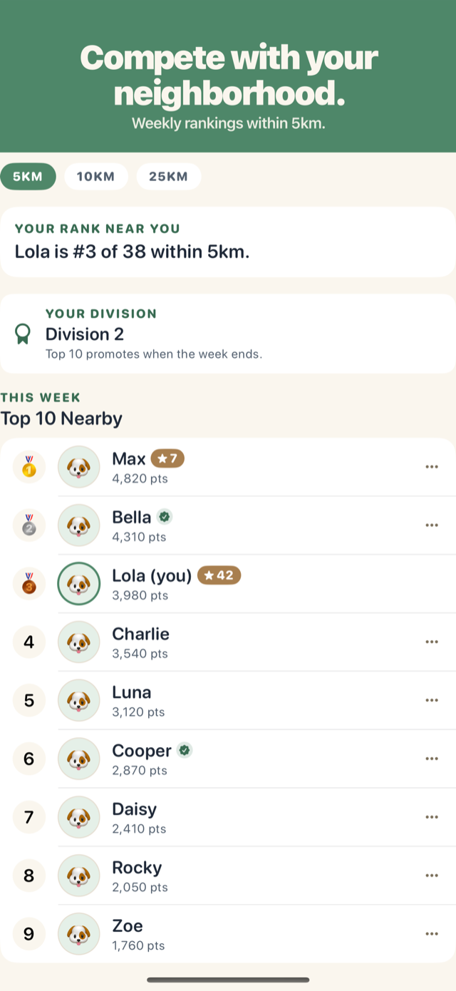 The neighborhood leaderboard ranking dogs within 5km