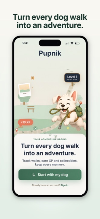 Pupnik home screen turning a dog walk into an adventure