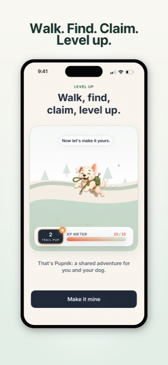 Pupnik gameplay loop showing a walk, collectible claim, and XP progress