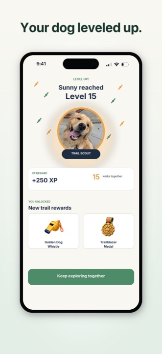 Pupnik level-up celebration with new dog rewards unlocked